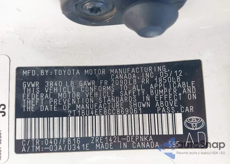 2012 Toyota Corolla Le z USA, uszkodzony, nr VIN 2T1BU4EE8CC869061